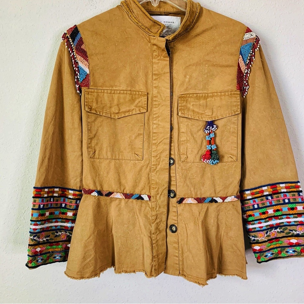 Zara Tan Utility Jacket with Colorful Embroidery Size XS